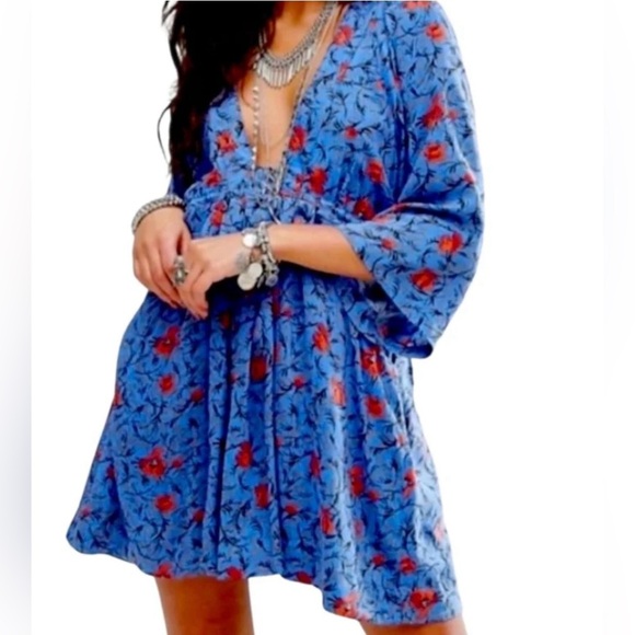 Free People Blue Dress with Red Floral Design - Picture 4 of 5